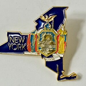PinMart New York State Map Lapel Pin Gold Tone Enamel State Seal Excelsior Blue